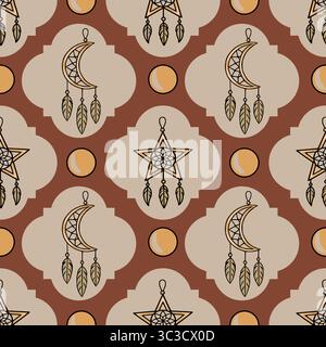 Seamless vector pattern with boho dreamcatchers in moon and star shapes, adorned with feathers, set against a backdrop of terracotta and beige geometr Stock Vector