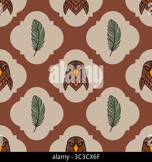 Seamless vector pattern with stylized eagle heads and feathers in earthy tones, featuring a unique geometric design and repeating elements for textile Stock Vector