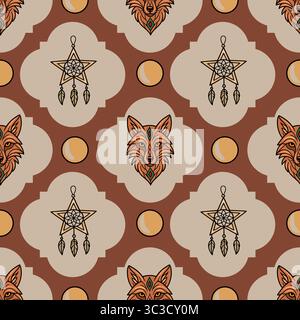 Seamless vector pattern featuring stylized fox heads, dreamcatchers, and moons, in earthy tones, perfect for textile or wallpaper design. Stock Vector