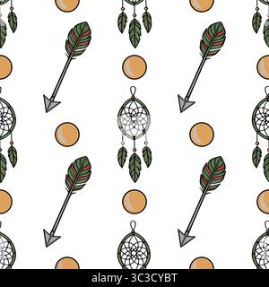 Seamless vector pattern featuring Native American-inspired dream catchers, arrows with feathers, and ochre circles, creating a bohemian and spiritual Stock Vector