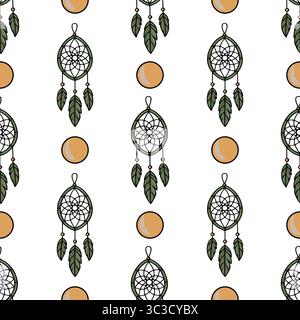 Seamless vector pattern featuring dreamcatchers with green feathers and beige circles, creating a bohemian and mystical design ideal for textile print Stock Vector