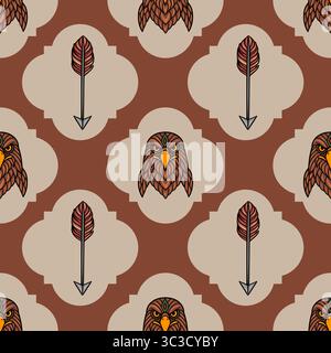 Seamless vector pattern featuring intricately detailed eagle heads and stylized arrows, set against a backdrop of earthy brown and beige tones, creati Stock Vector