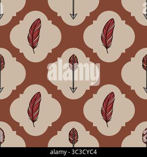 Seamless vector pattern with stylized red feathers and arrows on a terracotta and beige background, creating a unique bohemian design. Stock Vector