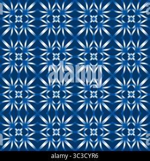 Geometric seamless pattern with curve lines. Magical illusion ornament. Blue gradient tiles on dark blue background. Mosaic square tile. Monochrome da Stock Vector