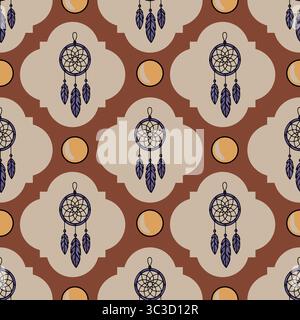 Seamless vector pattern featuring dreamcatchers with purple feathers and stylized moons on a terracotta and beige background, perfect for textile desi Stock Vector