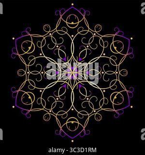 Golden violet mandala with six beams on black background. Spectacular, sophisticated pattern of curved lines. Decorative lace pattern vector illustrat Stock Vector