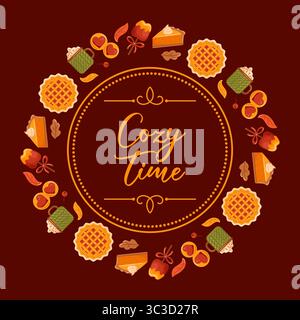 Enjoy the warmth of autumn days with charming decorations and tasty treats, perfect for cozy moments together Stock Vector