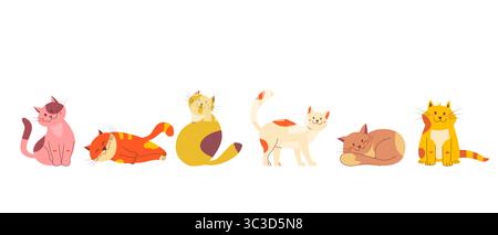 Cats in a row cute set. Funny Pet animals characters in different poses, sitting, lying and sleeping. Flat color design Stock Vector