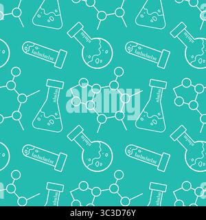 This stylish design showcases lab equipment and molecular structures set against a vibrant teal background Stock Vector