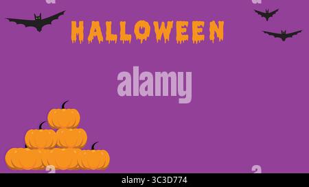 Pyramid of pumpkins with dark bats flying and yellow Halloween text on vibrant purple background ideal for festive design Stock Vector