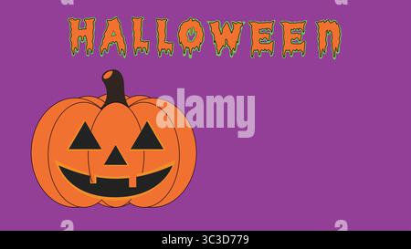Cartoon style pumpkin with triangular eyes and wide grin sits below stylized Halloween text on bright purple backdrop Stock Vector