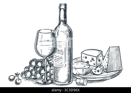 Vector hand drawn sketch illustration of wine bottle, glass, grapes, and cheese plate. Elegant style perfect for menu, winery packaging, wine bar, gou Stock Vector