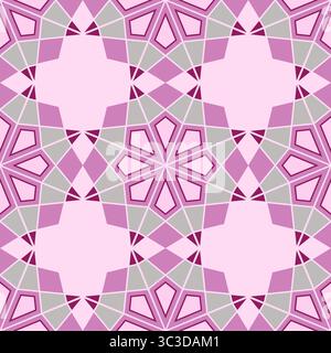 Mosaic ornament of polygonal shapes. Round floral motif on pink background. Geometry floral seamless pattern in shades of pink. Stainless glass design Stock Vector