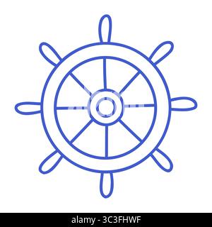 Ship wheel in marine blue line art style. Vector editable stroke outline. Minimalist icon illustration. Stock Vector