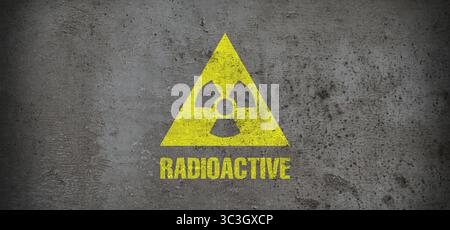 Yellow radioactive sign on grey stone background, banner design. Radiological pollution Stock Photo