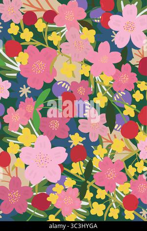Bright vector pattern with cherry blossoms and spring flowers in pink, yellow, and green on a dark green background. Fully editable, scalable Stock Vector