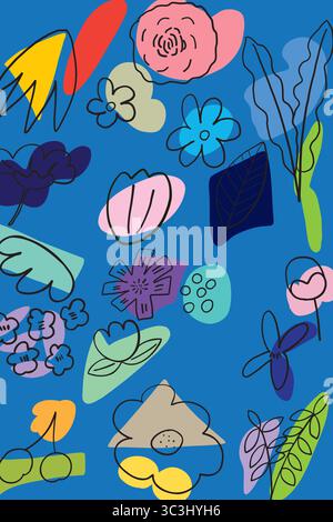 Artistic vector pattern with abstract hand-drawn floral elements and bold color blocks on a blue background. Fully editable, scalable Stock Vector