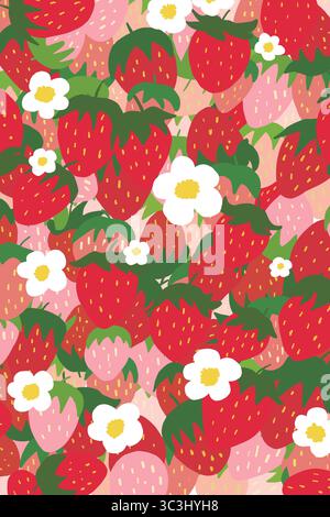 Seamless vector pattern of red strawberries and white flowers on a pink background. Perfect for fabric, packaging, and summer designs. Stock Vector