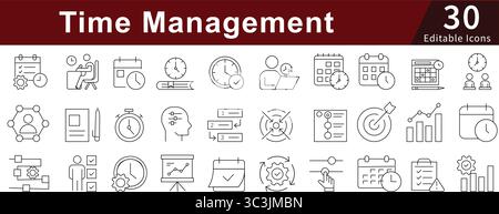 Time Management Editable Line Icons Set for Schedule, Productivity, Planning, and Efficiency Tools Stock Vector