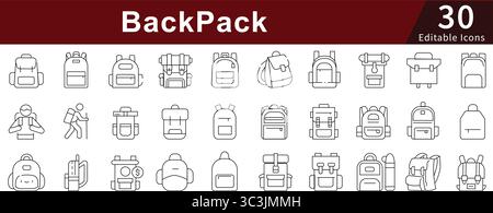 BackPack Line Icons Set with Editable Stroke for Travel, School, Hiking, and Outdoor Adventure Stock Vector