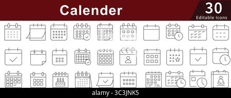 Calendar Editable Line Icons Set for Date, Schedule, Planning, and Time Management Stock Vector