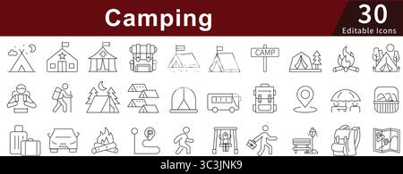 Camping Editable Line Icons Set for Outdoor, Adventure, Hiking, and Recreation Activities Stock Vector