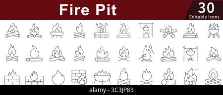 Fire Pit Editable Line Icons Set for Camping, Outdoor, Bonfire, and Barbecue Activities Stock Vector