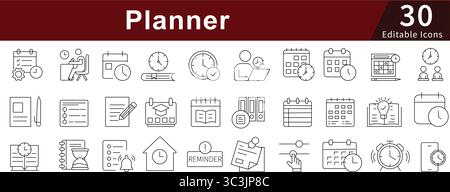 Planner Editable Line Icons Set for Calendar, Schedule, Task, and Organization Management Stock Vector