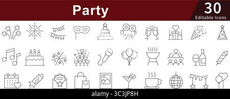 Party Editable Line Icons Set for Celebration, Event, Birthday, and Entertainment Activities Stock Vector