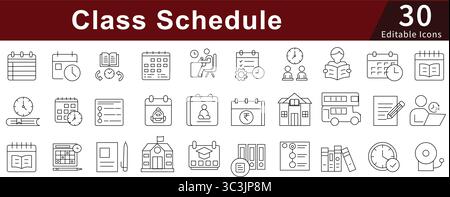 Class Schedule Editable Line Icons Set for Education, Timetable, School, and Academic Planning Stock Vector