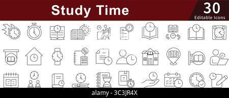 Study Time Editable Line Icons Set for Education, Learning, Academic, and Student Activities Stock Vector