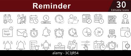 Reminder Editable Line Icons Set for Alert, Notification, Schedule, and Memory Management Stock Vector
