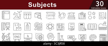 Subjects Editable Line Icons Set for Education, Academic, School, and Learning Topics Stock Vector