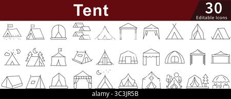 Tent Editable Line Icons Set for Camping, Outdoor, Adventure, and Shelter Activities Stock Vector