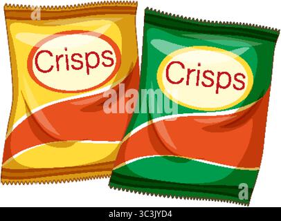 Vector illustration of two sealed potato crisp bags in yellow and green packaging, flat design style, bold colors, isolated on white background Stock Vector