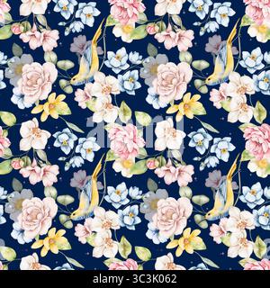 Seamless watercolor pattern with hand painted pastel flowers, green leaves, and yellow-blue birds on a navy background. Created with love by a profess Stock Photo