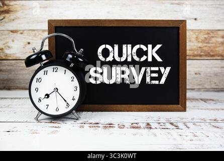 Quick Survey text message and alarm clock on wooden background Stock Photo