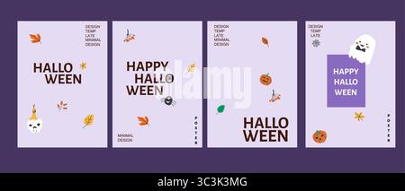 Minimalist halloween poster set with leaves, pumpkins, and ghost graphics. Stock Vector