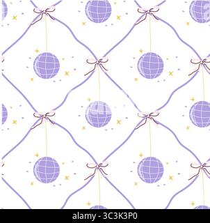 Seamless pattern with hanging lavender disco ball and bows on white background. Cute party elements on diagonal grid background Stock Vector