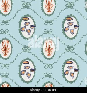 Nautical seafood pattern with lobsters and mussels on light blue background. Stock Vector