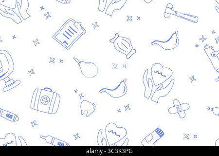 Blue seamless medical pattern with health icons and supplies on white background. Stock Vector