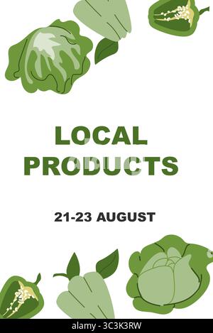 Promotional vertical poster with fresh green vegetables - cabbage and bell pepper. Minimal vertical poster with fresh vegetable. Concept of farm produ Stock Vector