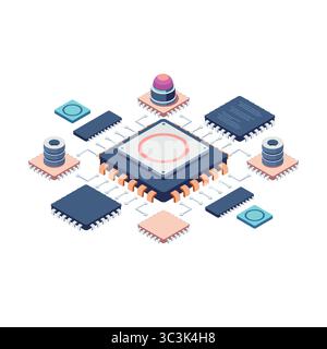 Isometric Semiconductor Chip with Connected Components. Semiconductor Technology Concept Stock Vector