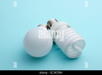 Energy saving light bulb close-up on a blue pastel background Stock Photo