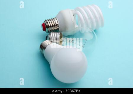 Energy saving and incandescent light bulb close-up on a blue pastel background Stock Photo