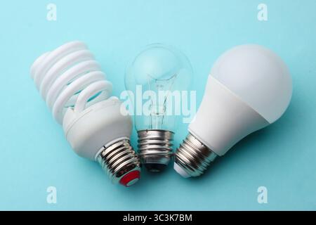 Energy saving and incandescent light bulb close-up on a blue pastel background Stock Photo