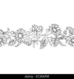 Calendula Outline Horizontal Seamless Pattern. Stock Vector