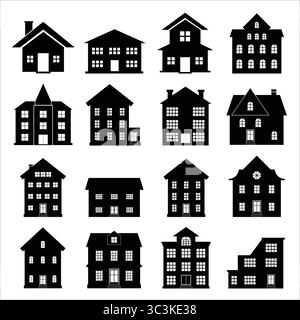 Set of houses. House icon. House set black and white vector design Stock Vector