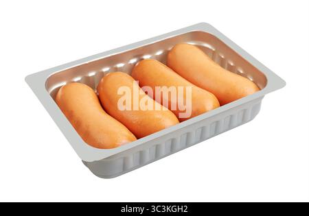 Boiled Sausages in pack, isolated on white background Stock Photo