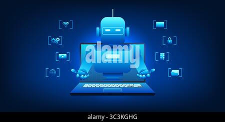 Robot emerging from the laptop represents the arrival of artificial intelligence as an intelligent assistant, but it is an agentic AI  that can analyz Stock Vector